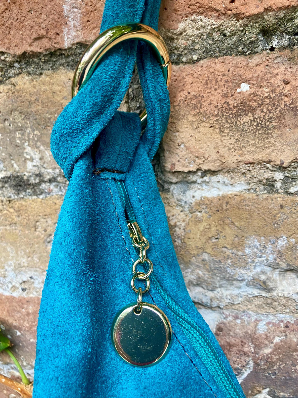 Dark turquoise suede slouchy bag with ZIPPER + lining. Genuine leather. Soft natural suede shopper / hobo. Light teal blue-green suede purse