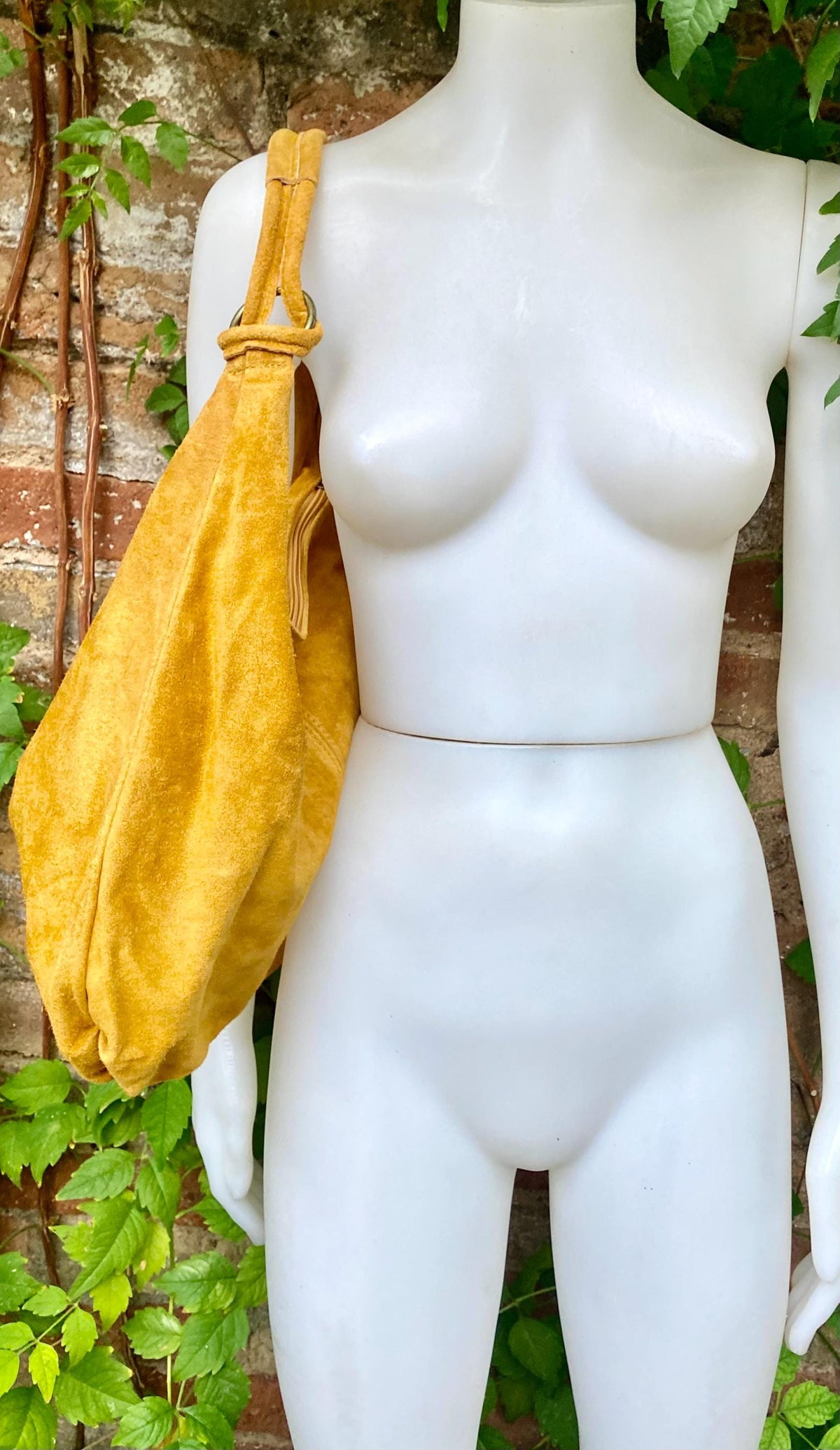 Mustard yellow suede slouchy bag with ZIPPER + lining. Genuine leather. Soft natural suede shopper / hobo. Warm yellow suede purse