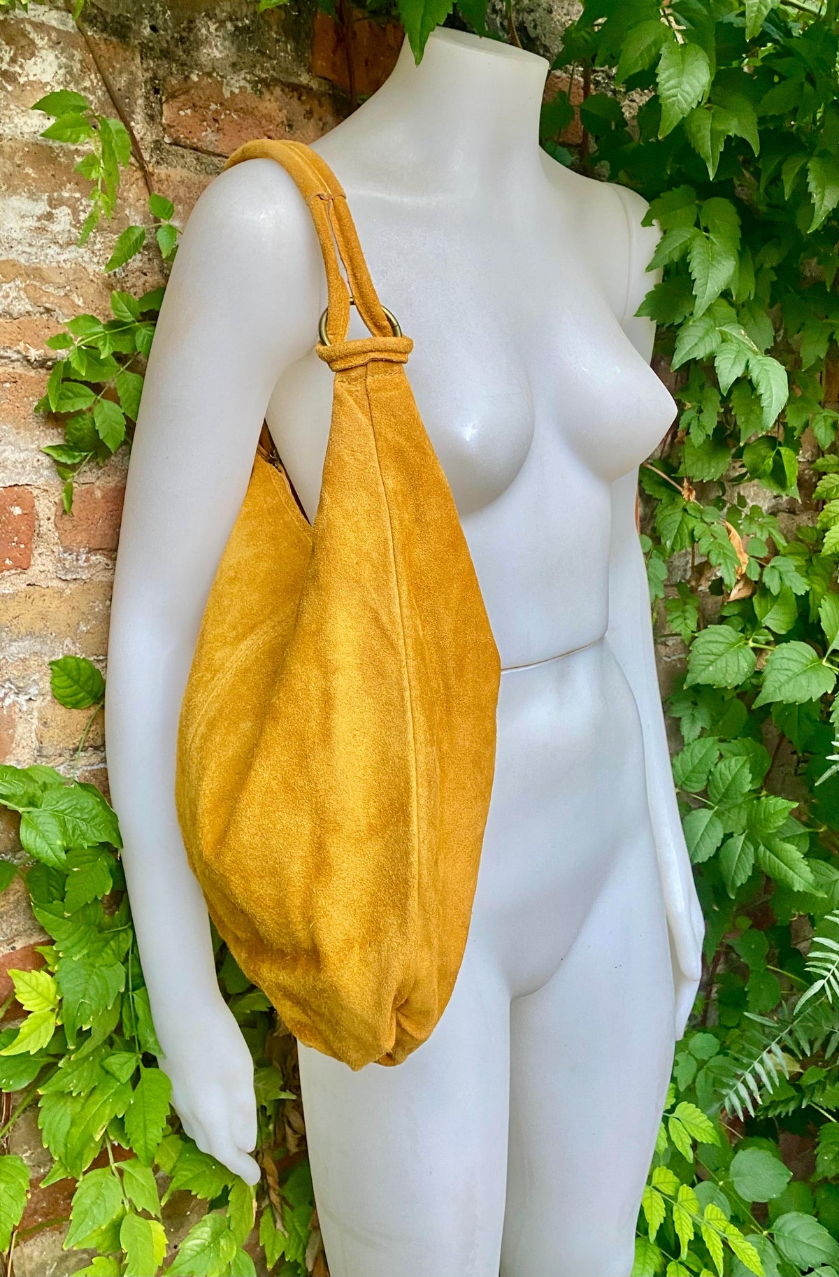 Mustard yellow suede slouchy bag with ZIPPER + lining. Genuine leather. Soft natural suede shopper / hobo. Warm yellow suede purse