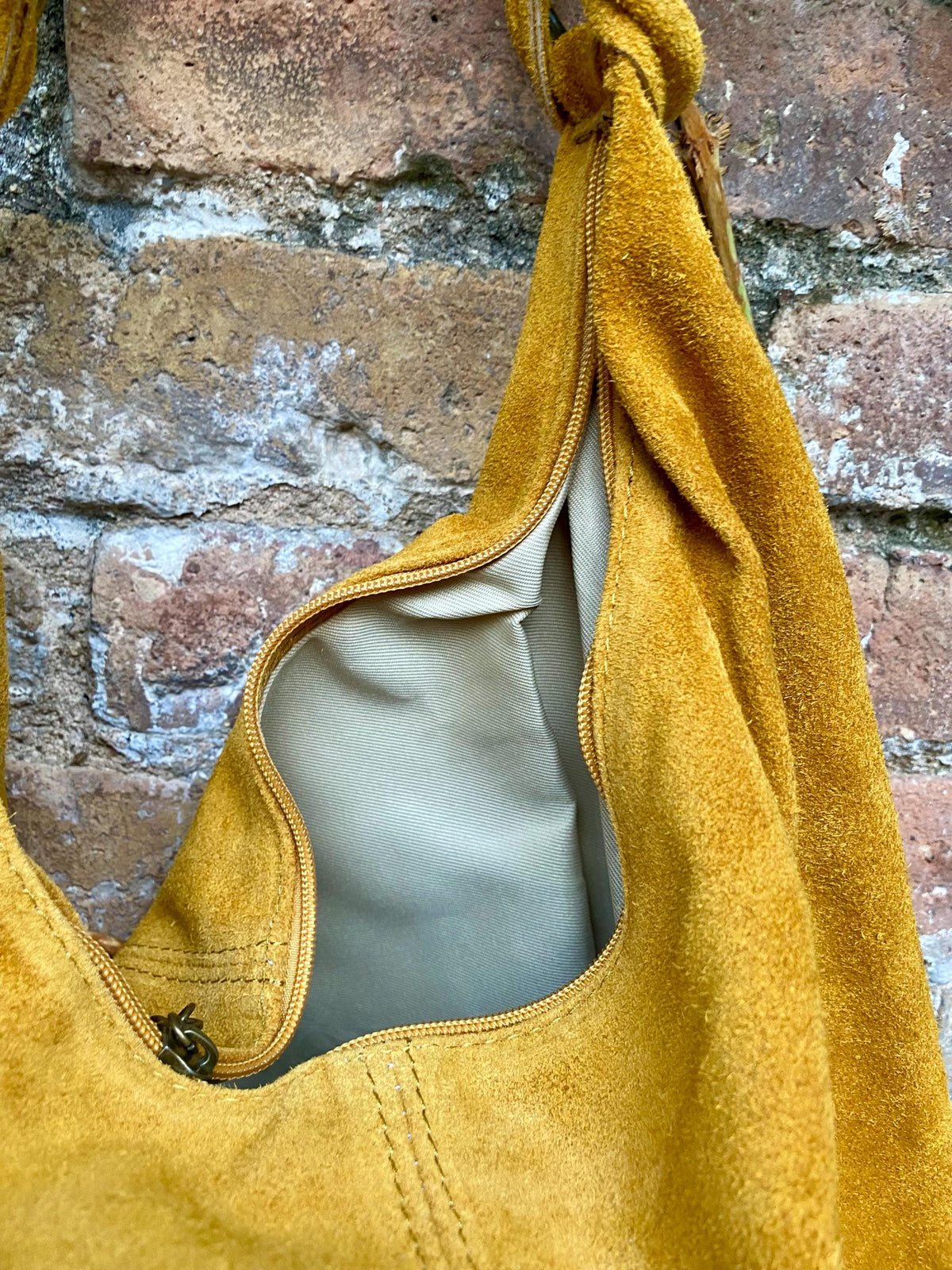 Mustard yellow suede slouchy bag with ZIPPER + lining. Genuine leather. Soft natural suede shopper / hobo. Warm yellow suede purse