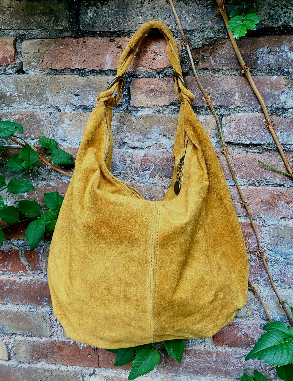 Mustard yellow suede slouchy bag with ZIPPER + lining. Genuine leather. Soft natural suede shopper / hobo. Warm yellow suede purse