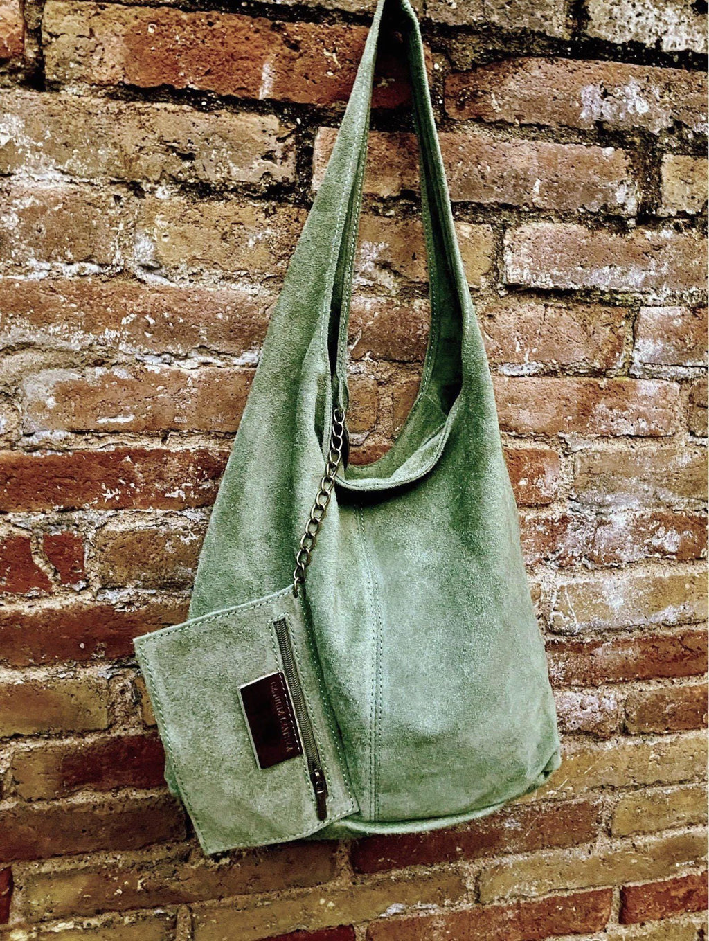Green slouch bag. Large TOTE leather bag in dark green with zipper. Soft suede leather shopper. Boho carry all bag. Book or laptop bag