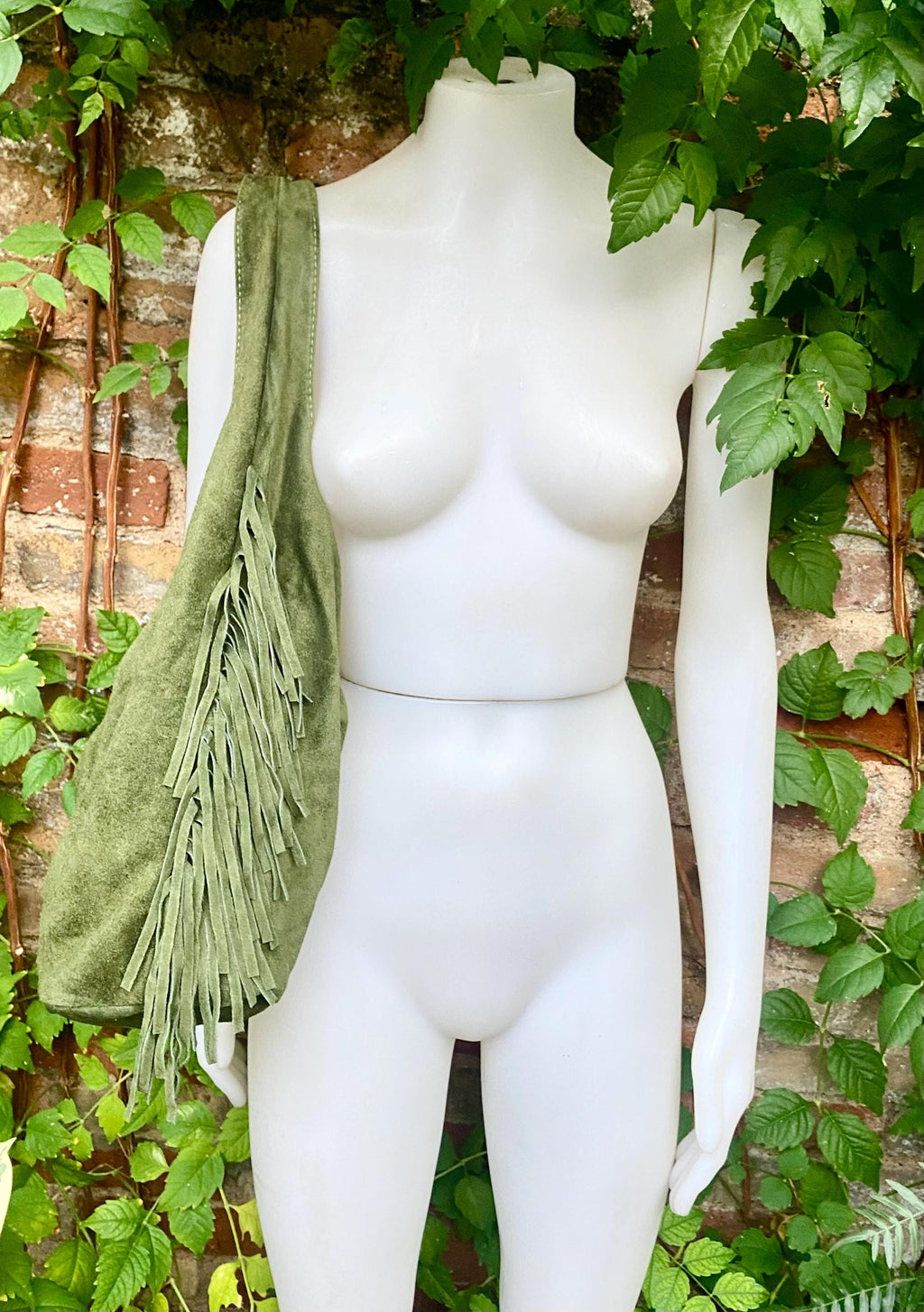 Moss green slouchy bag. Large tote leather bag with zipper + FRINGES. Genuine leather bag. Green boho soft suede leather bag.