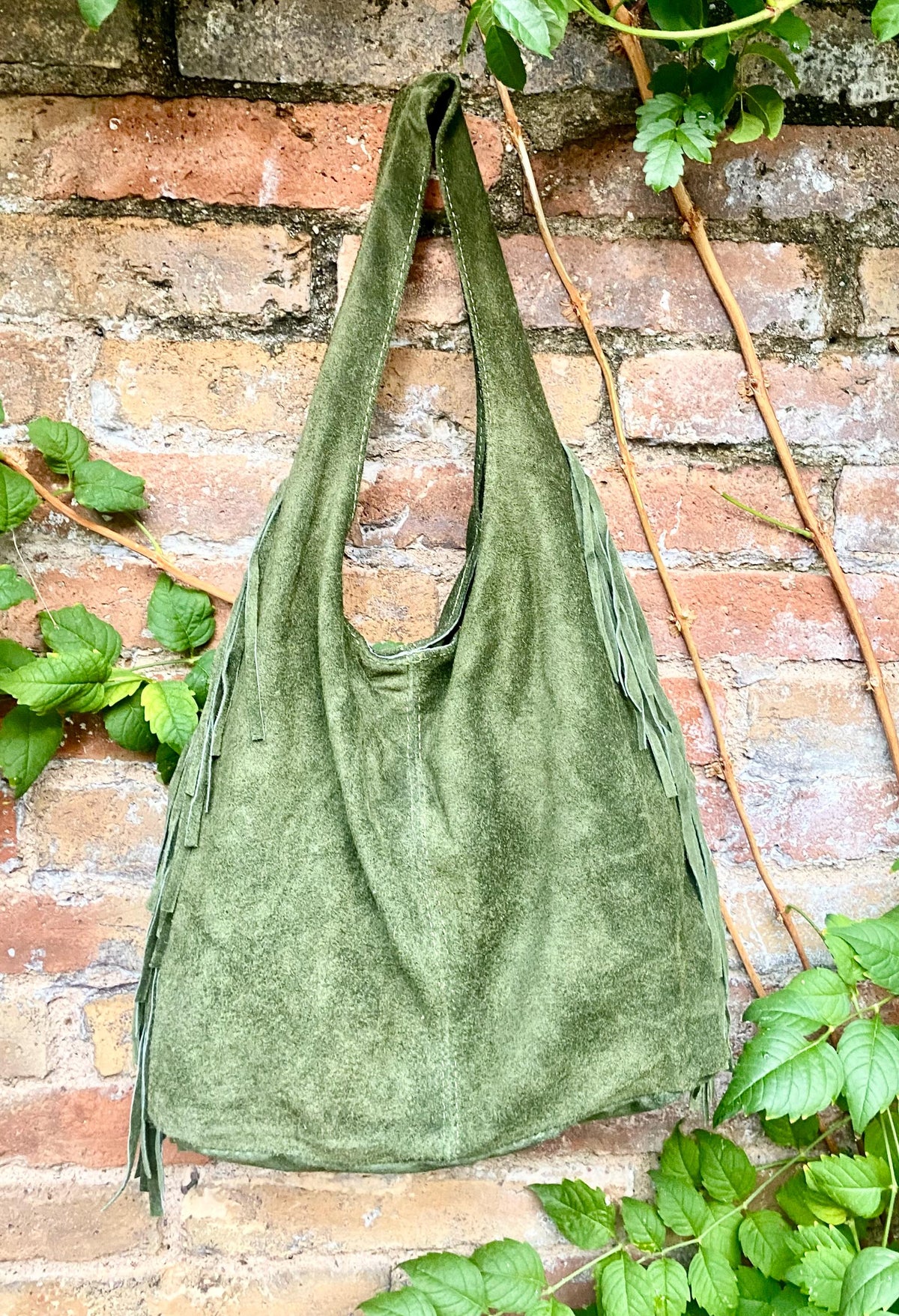 Moss green slouchy bag. Large tote leather bag with zipper + FRINGES. Genuine leather bag. Green boho soft suede leather bag.
