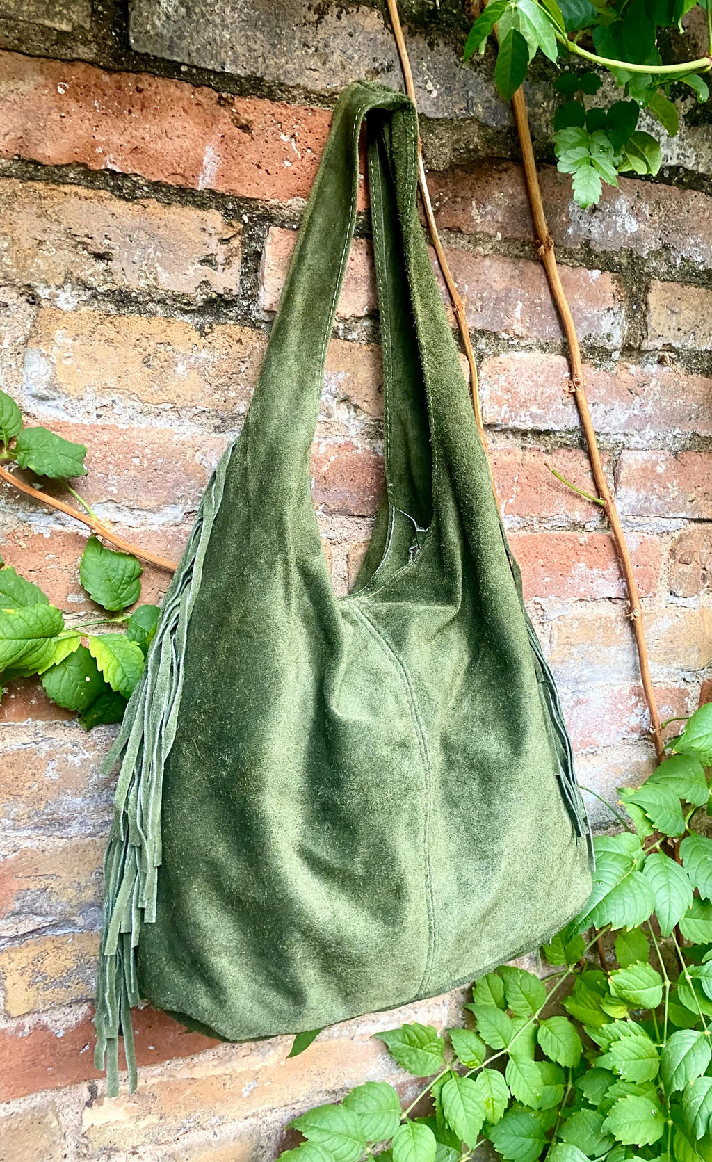 Moss green slouchy bag. Large tote leather bag with zipper + FRINGES. Genuine leather bag. Green boho soft suede leather bag.
