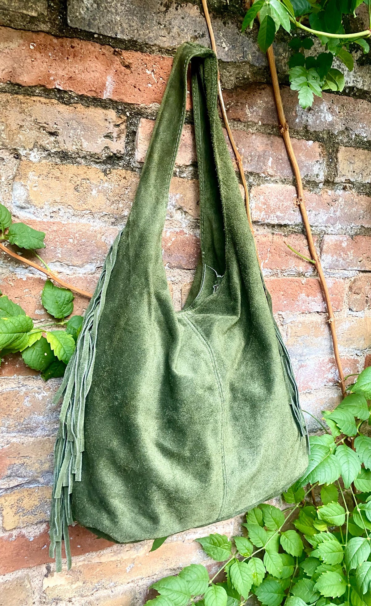 Moss green slouchy bag. Large tote leather bag with zipper + FRINGES. Genuine leather bag. Green boho soft suede leather bag.