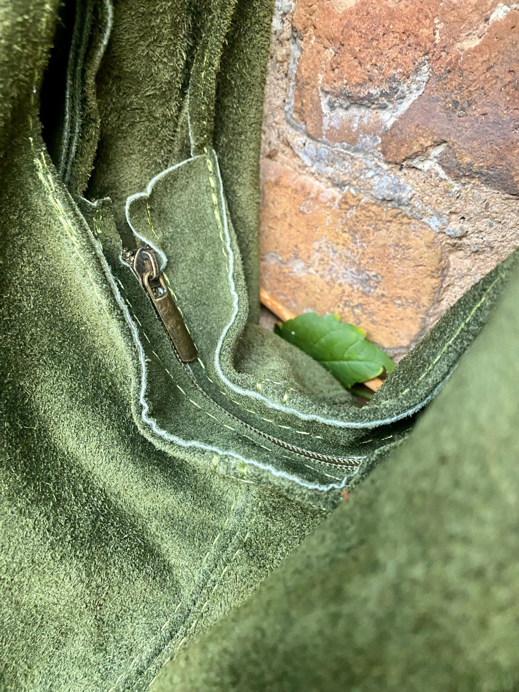 Moss green slouchy bag. Large tote leather bag with zipper + FRINGES. Genuine leather bag. Green boho soft suede leather bag.