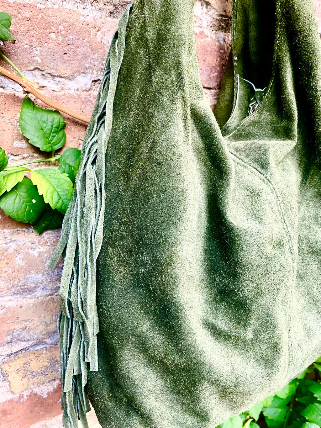 Moss green slouchy bag. Large tote leather bag with zipper + FRINGES. Genuine leather bag. Green boho soft suede leather bag.