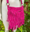 Hot pink cross body /shoulder bag. BOHO suede leather bag with FRINGES. Larger style. Fuchsia genuine suede messenger. Pink hippy bag.