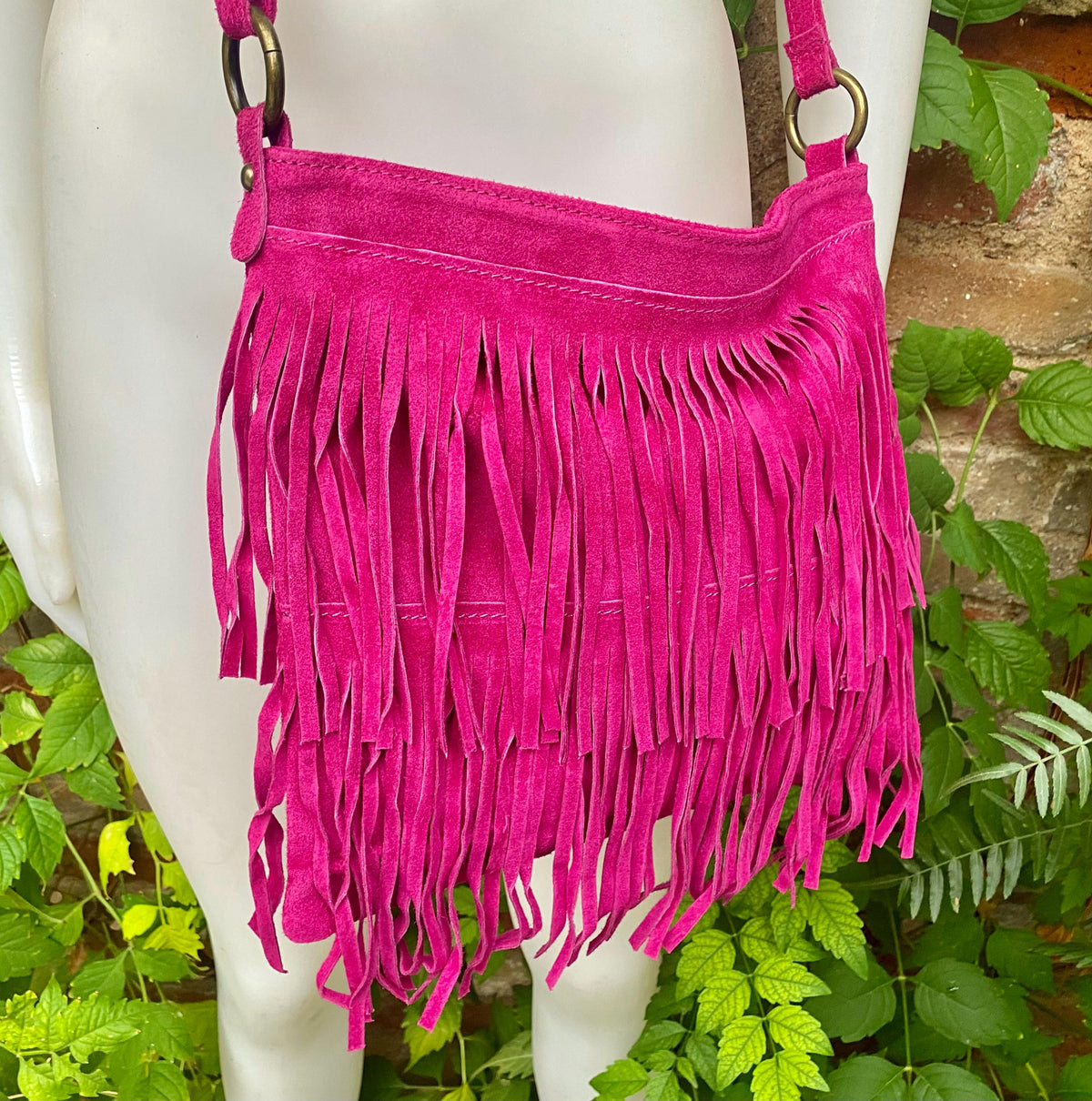 Hot pink cross body /shoulder bag. BOHO suede leather bag with FRINGES. Larger style. Fuchsia genuine suede messenger. Pink hippy bag.