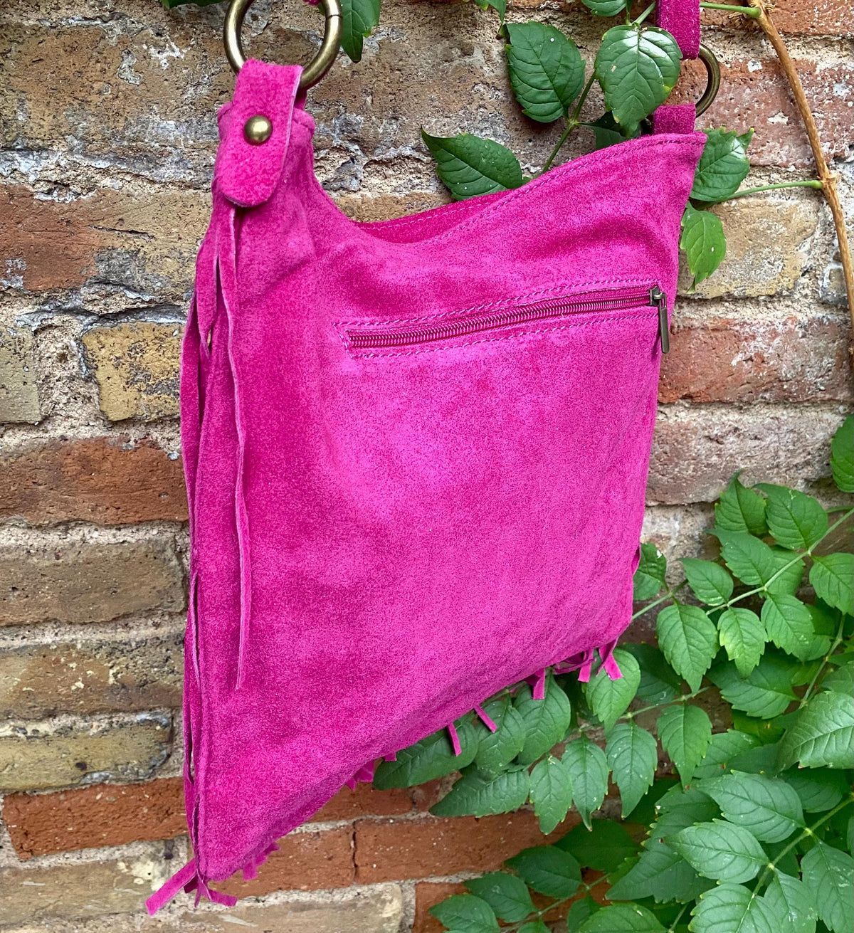Hot pink cross body /shoulder bag. BOHO suede leather bag with FRINGES. Larger style. Fuchsia genuine suede messenger. Pink hippy bag.
