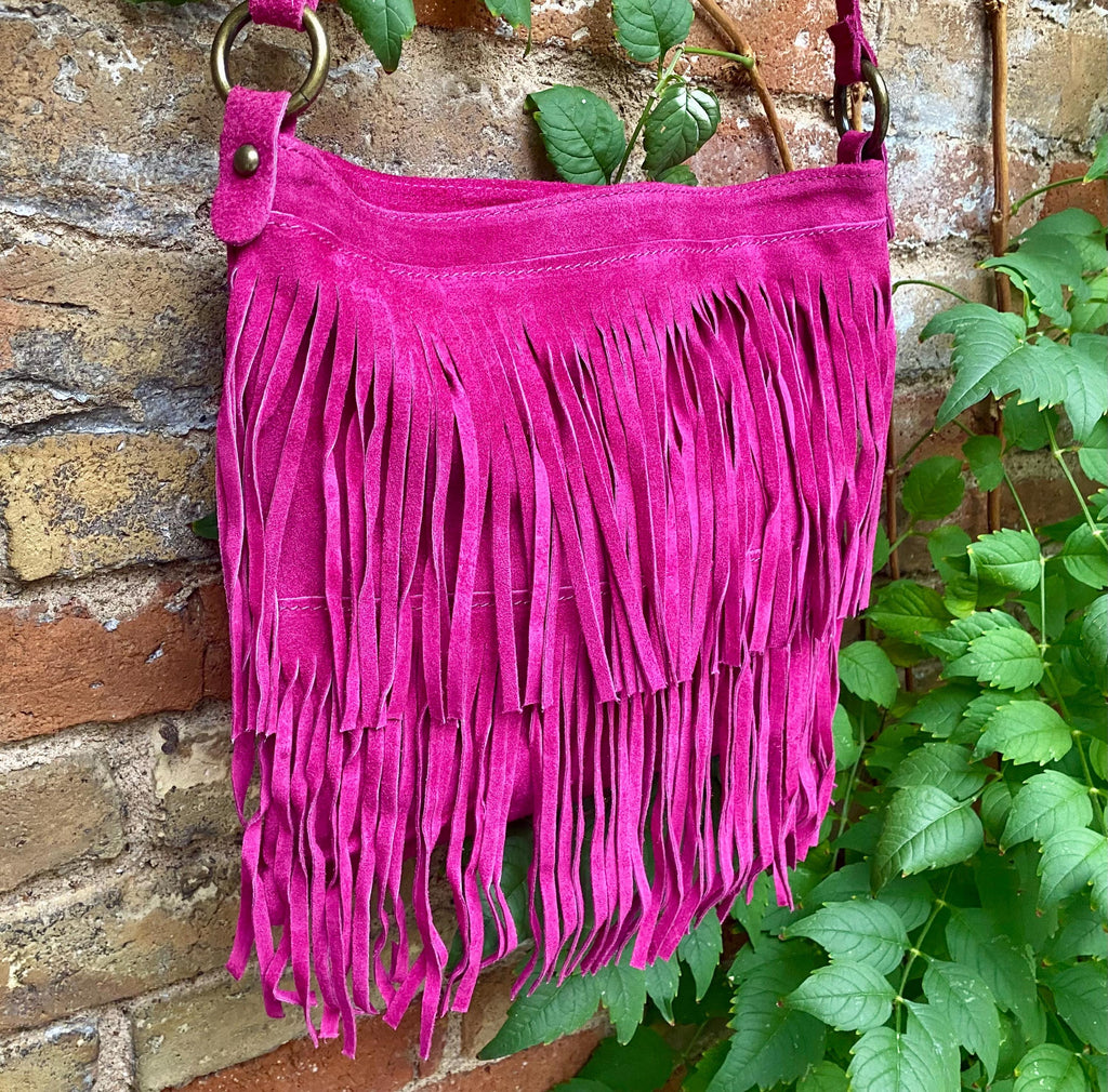 Hot pink cross body /shoulder bag. BOHO suede leather bag with FRINGES. Larger style. Fuchsia genuine suede messenger. Pink hippy bag.