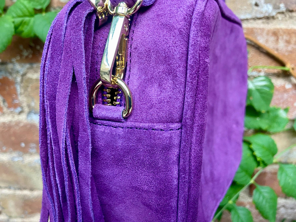 Purple suede bag with tassel. Small crossbody / shoulder bag in GENUINE leather. Boho PURPLE suede leather purse