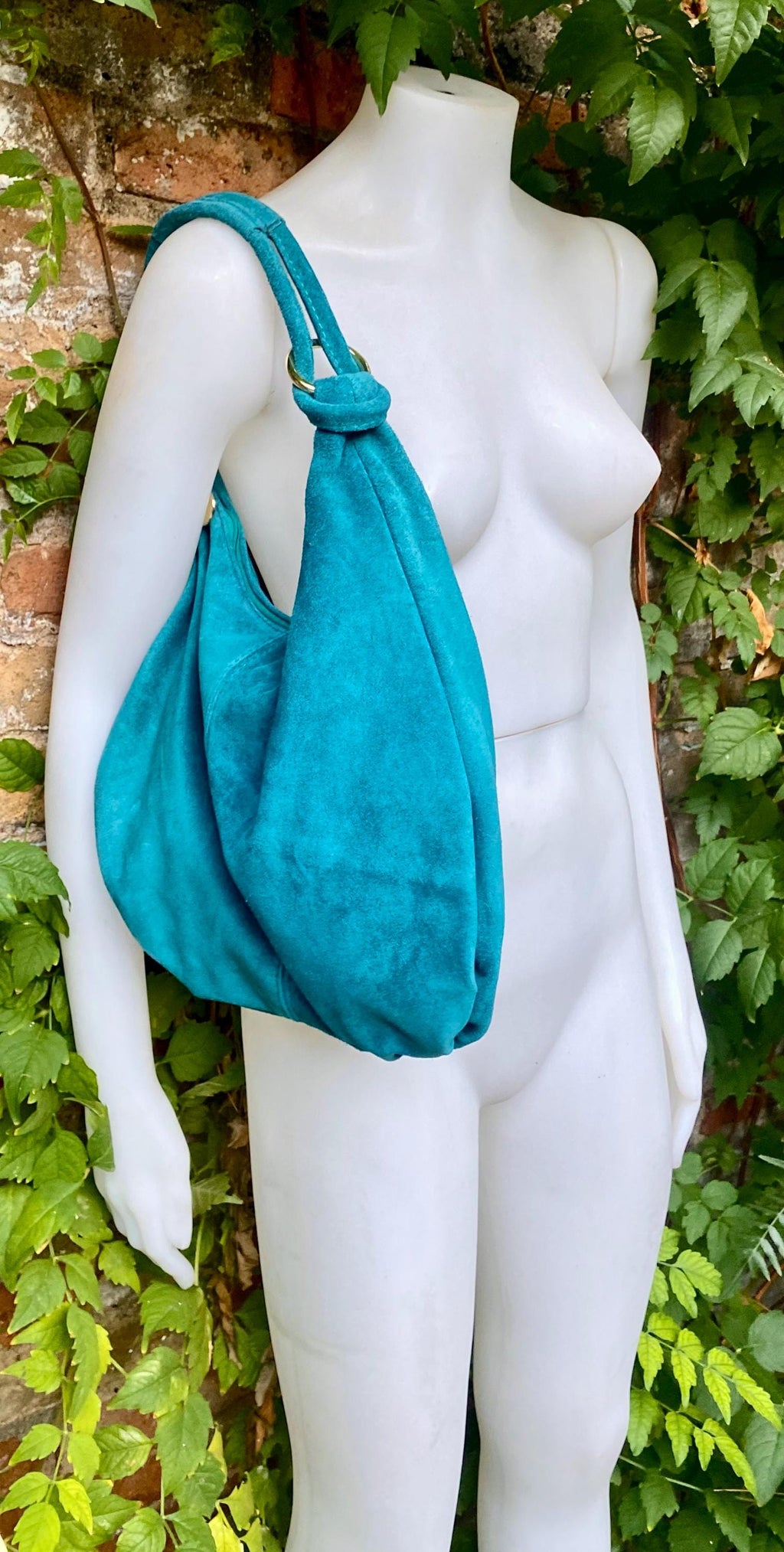Dark turquoise suede slouchy bag with ZIPPER + lining. Genuine leather. Soft natural suede shopper / hobo. Light teal blue-green suede purse