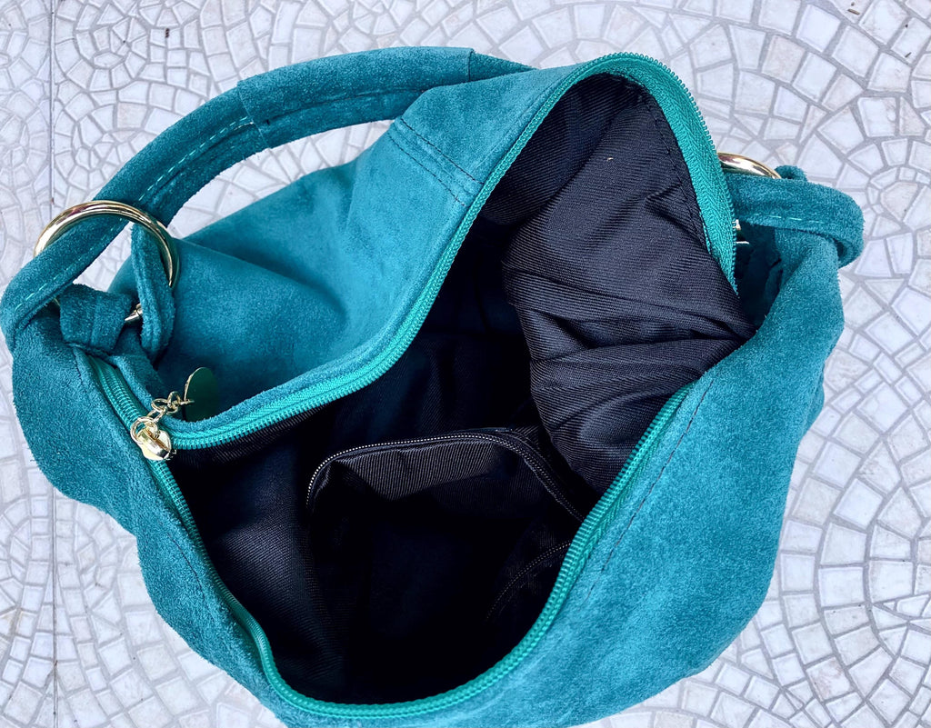Dark turquoise suede slouchy bag with ZIPPER + lining. Genuine leather. Soft natural suede shopper / hobo. Light teal blue-green suede purse