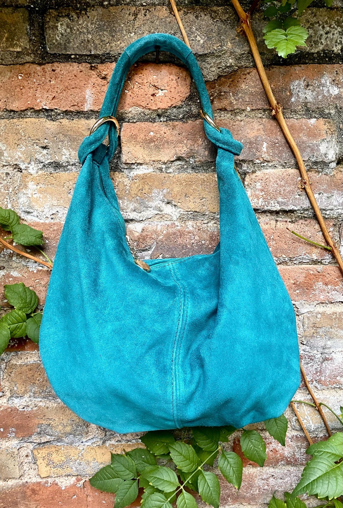 Dark turquoise suede slouchy bag with ZIPPER + lining. Genuine leather. Soft natural suede shopper / hobo. Light teal blue-green suede purse