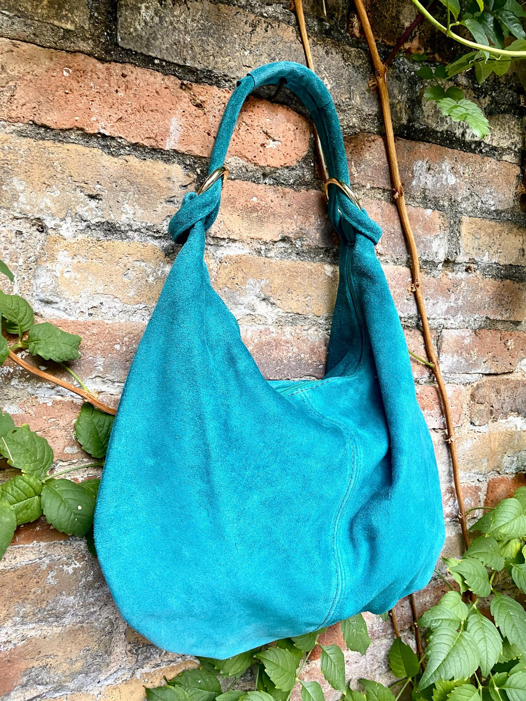 Dark turquoise suede slouchy bag with ZIPPER + lining. Genuine leather. Soft natural suede shopper / hobo. Light teal blue-green suede purse