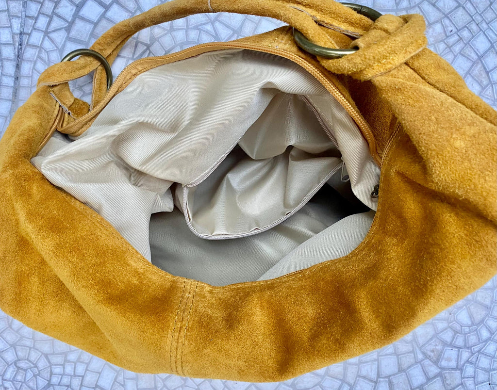 Mustard yellow suede slouchy bag with ZIPPER + lining. Genuine leather. Soft natural suede shopper / hobo. Warm yellow suede purse