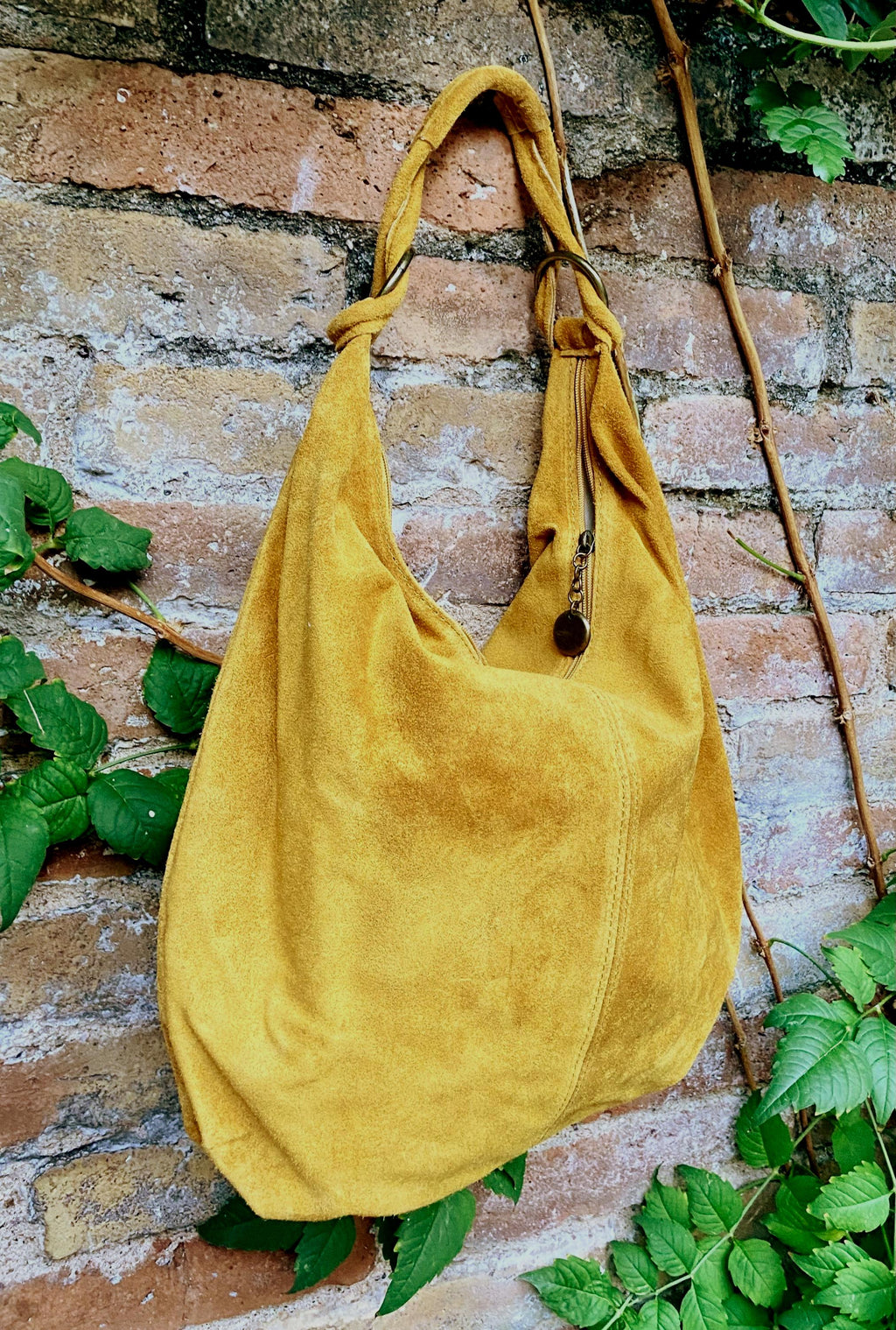 Mustard yellow suede slouchy bag with ZIPPER + lining. Genuine leather. Soft natural suede shopper / hobo. Warm yellow suede purse