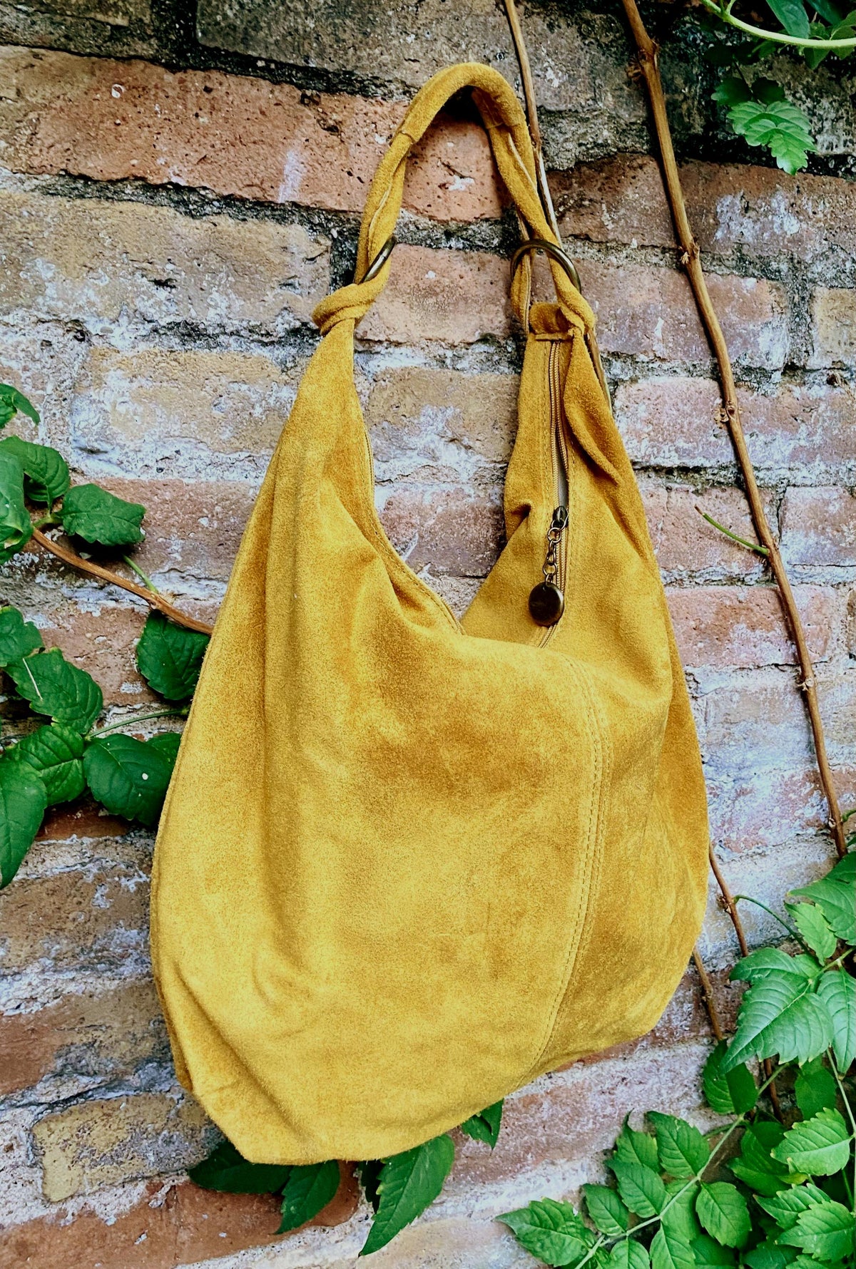 Mustard yellow suede slouchy bag with ZIPPER + lining. Genuine leather. Soft natural suede shopper / hobo. Warm yellow suede purse