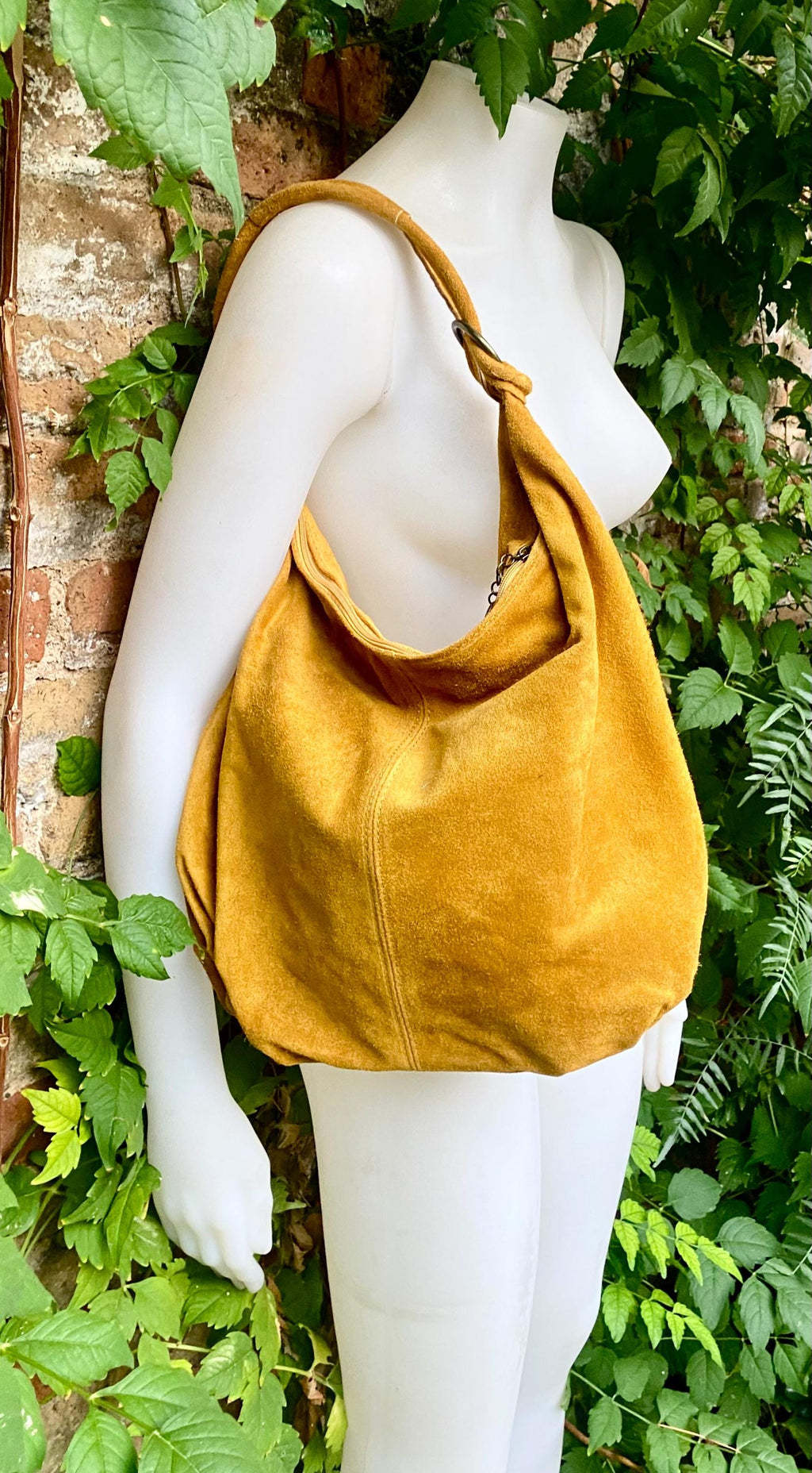 Mustard yellow suede slouchy bag with ZIPPER + lining. Genuine leather. Soft natural suede shopper / hobo. Warm yellow suede purse