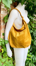 Mustard yellow suede slouchy bag with ZIPPER + lining. Genuine leather. Soft natural suede shopper / hobo. Warm yellow suede purse