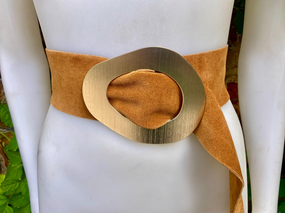 Light camel brown suede waist belt with large metal buckle. Soft suede belt in light saddle brown. Boho belt. Genuine natural suede leather.