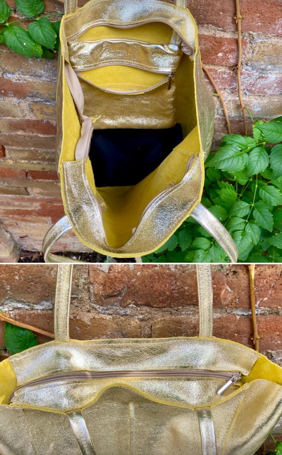 Tote leather bag in GOLD. Leather shopper in natural GENUINE leather. Large carry all bag for your laptop, books.GOLD leather purse + zipper