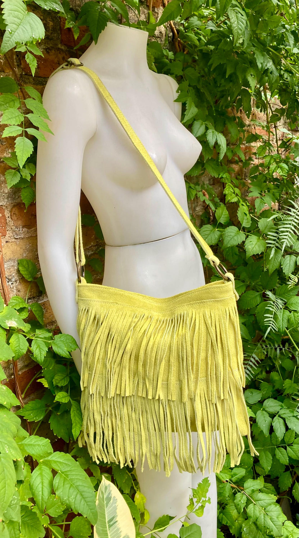 Crossbody / shoulder fringed bag. Lime yellow - green BOHO suede hippy bag. Larger style. Genuine leather acid yellow suede bag