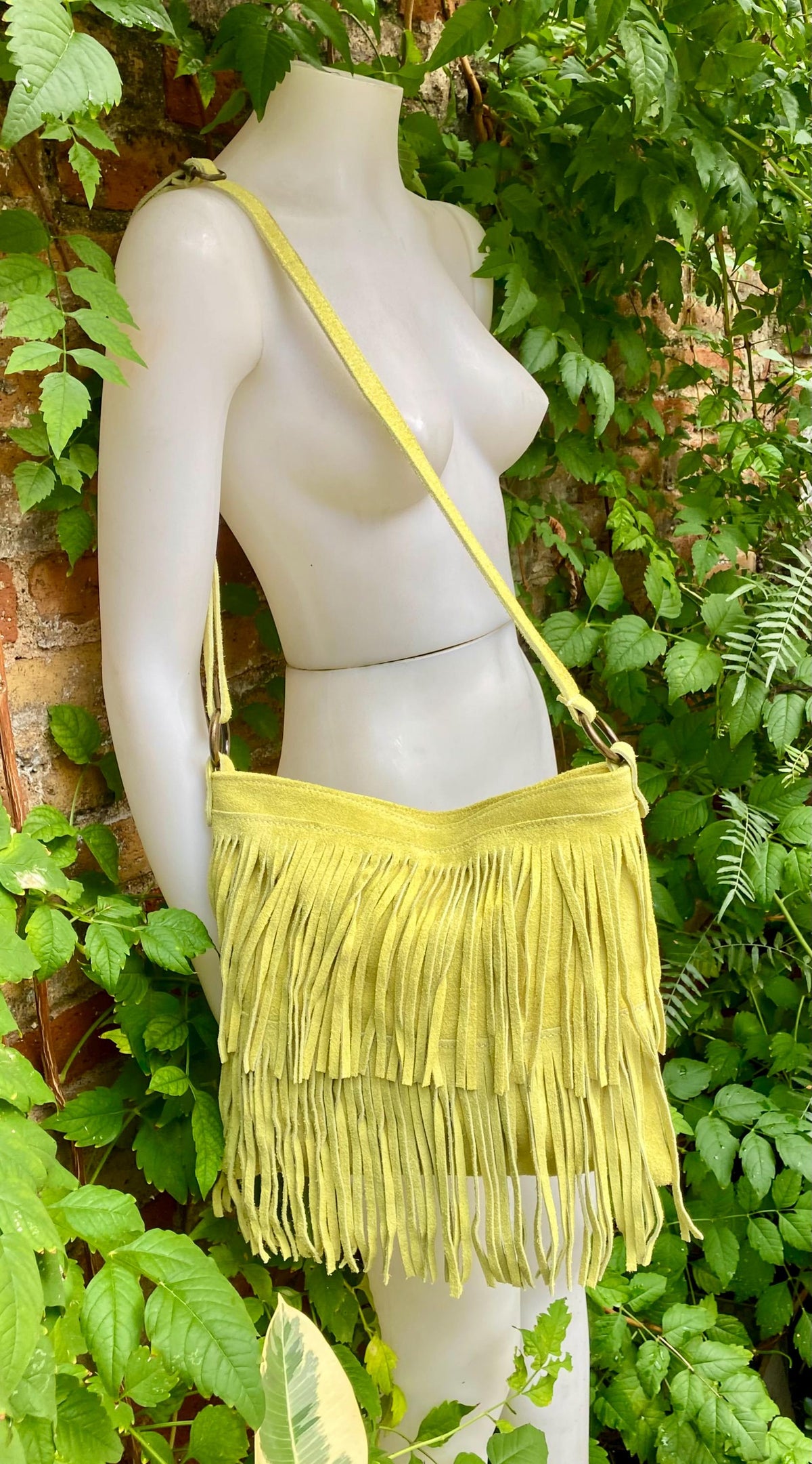 Crossbody / shoulder fringed bag. Lime yellow - green BOHO suede hippy bag. Larger style. Genuine leather acid yellow suede bag