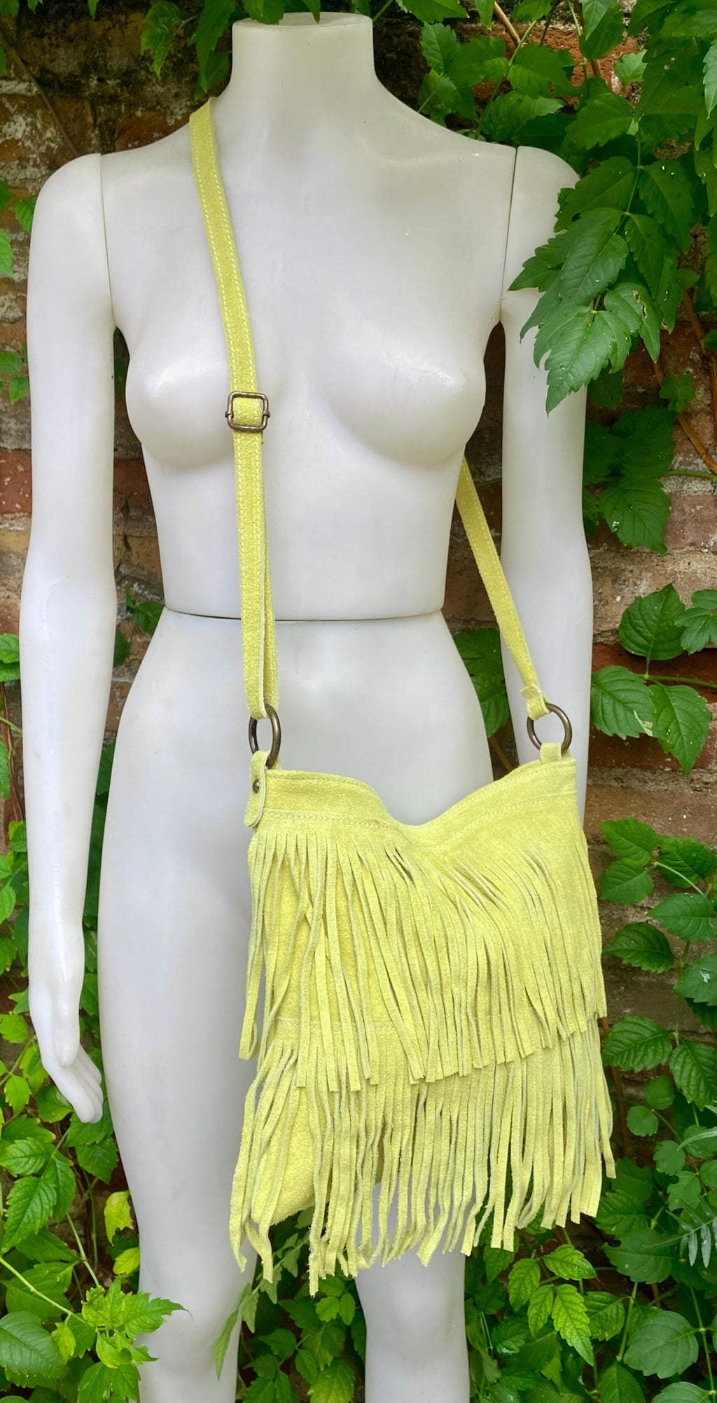 Crossbody / shoulder fringed bag. Lime yellow - green BOHO suede hippy bag. Larger style. Genuine leather acid yellow suede bag