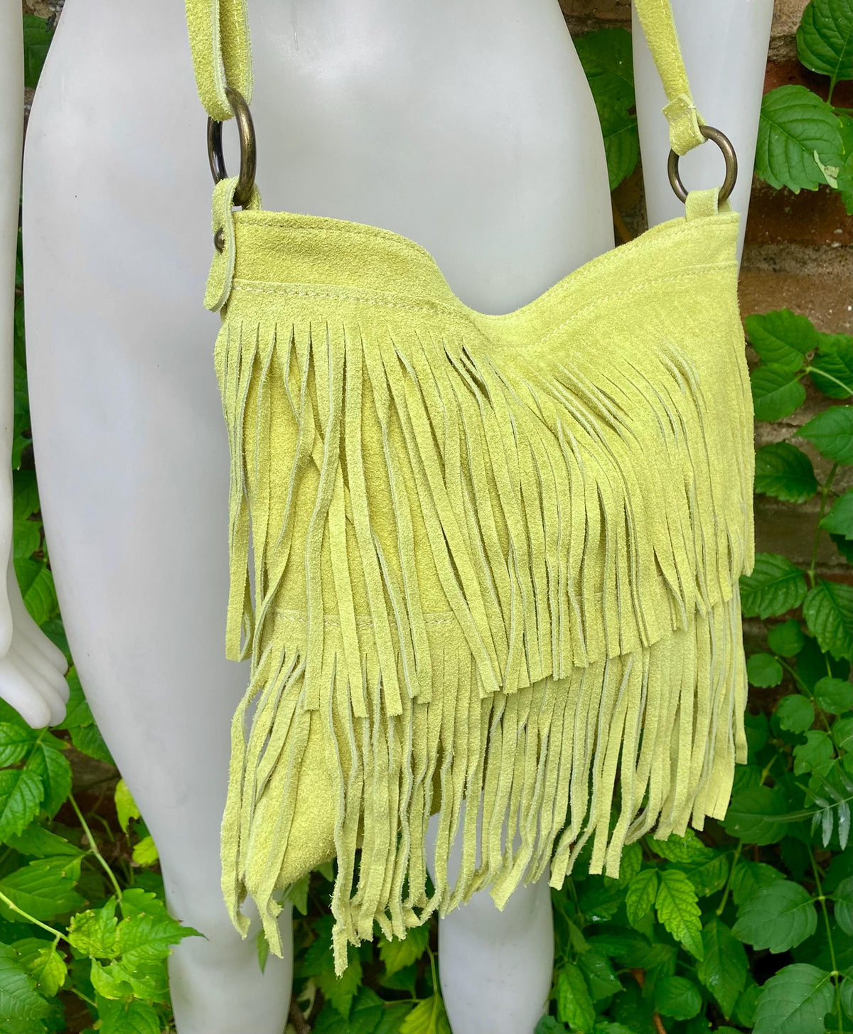 Crossbody / shoulder fringed bag. Lime yellow - green BOHO suede hippy bag. Larger style. Genuine leather acid yellow suede bag
