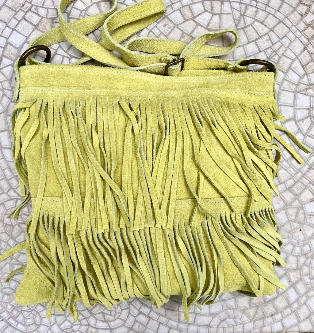Crossbody / shoulder fringed bag. Lime yellow - green BOHO suede hippy bag. Larger style. Genuine leather acid yellow suede bag