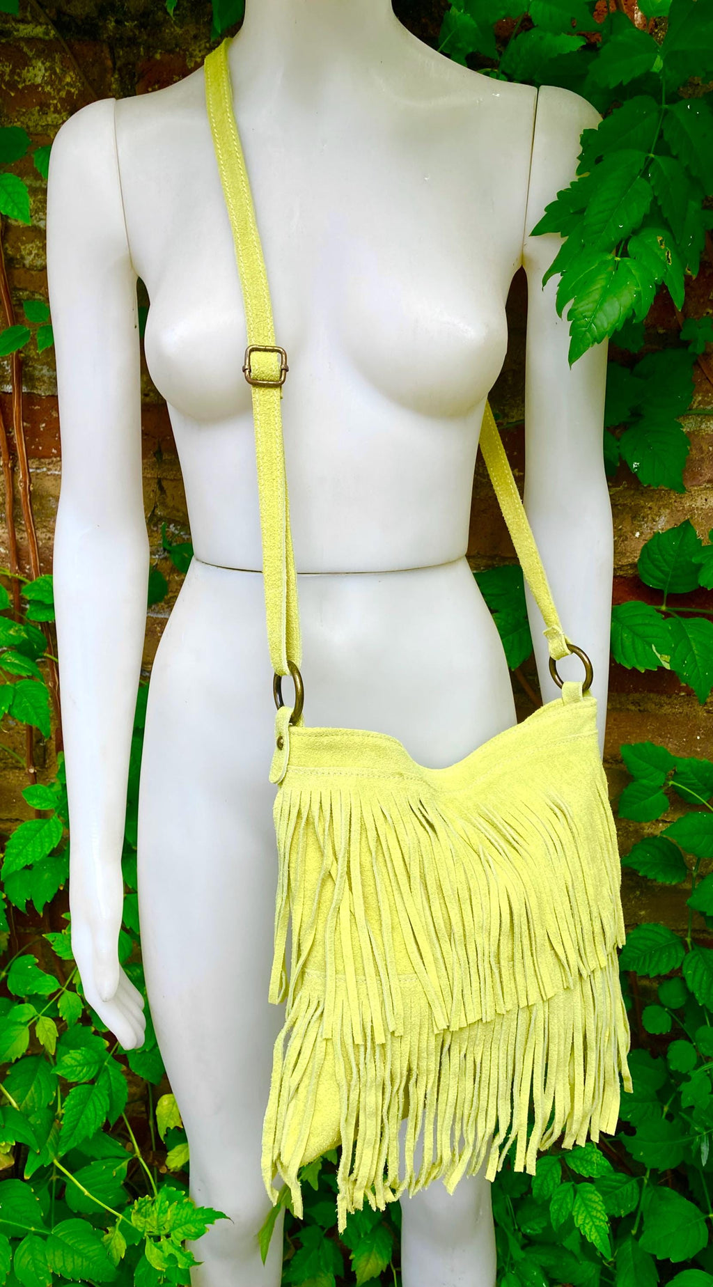Crossbody / shoulder fringed bag. Lime yellow - green BOHO suede hippy bag. Larger style. Genuine leather acid yellow suede bag