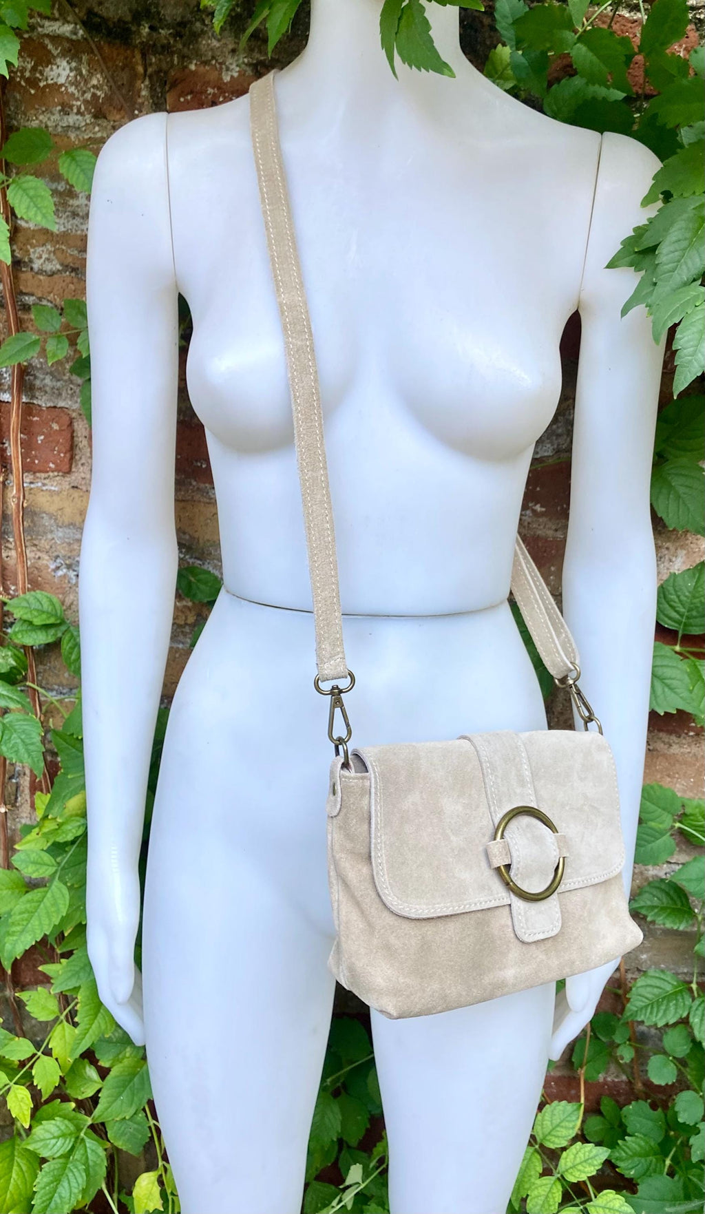 Beige suede bag. Genuine leather small suede purse. Light beige small crossbody / shoulder bag. Adjustable strap, flap + zipper.
