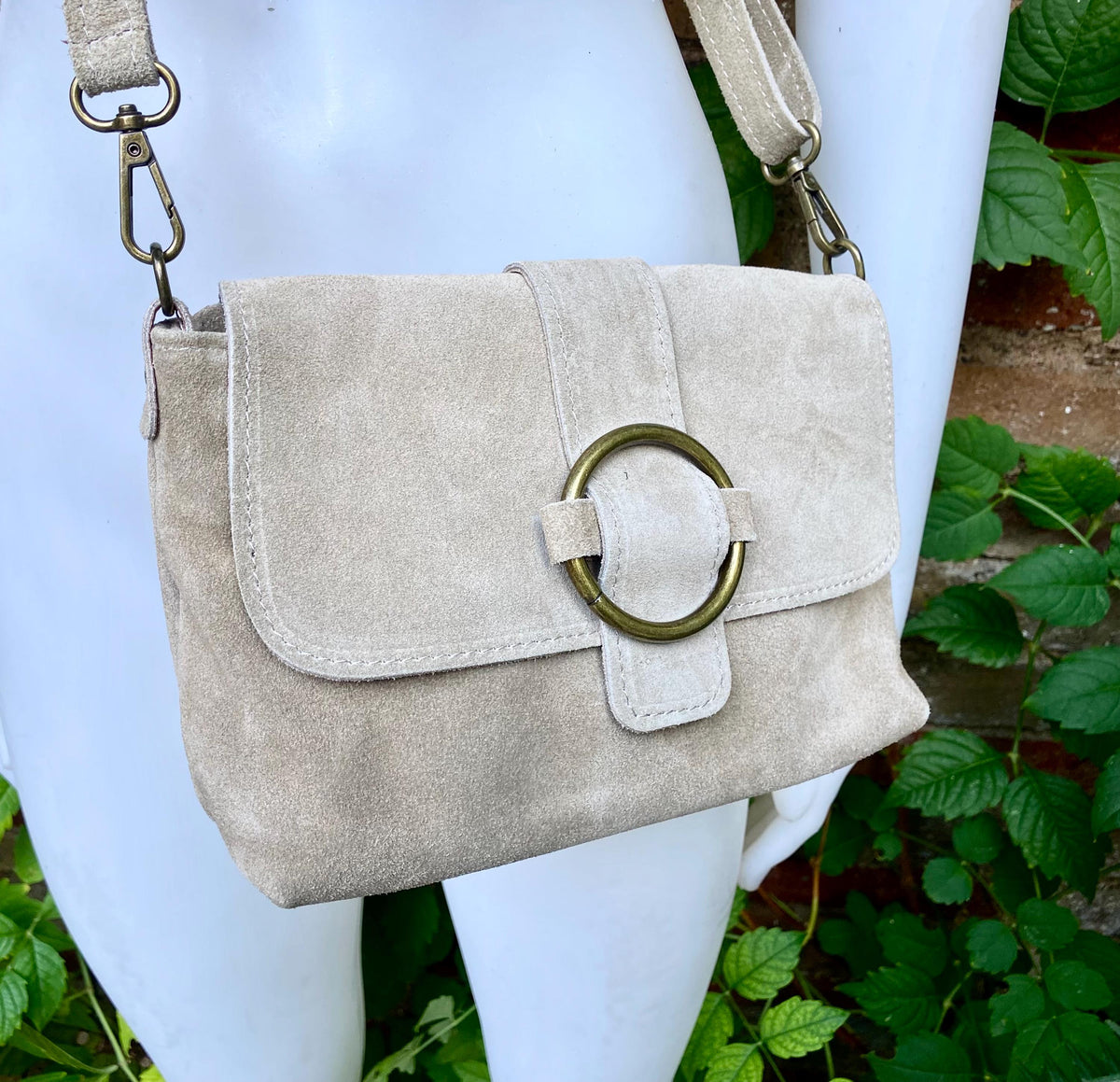 Beige suede bag. Genuine leather small suede purse. Light beige small crossbody / shoulder bag. Adjustable strap, flap + zipper.