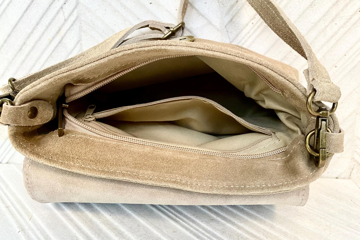 Beige suede bag. Genuine leather small suede purse. Light beige small crossbody / shoulder bag. Adjustable strap, flap + zipper.