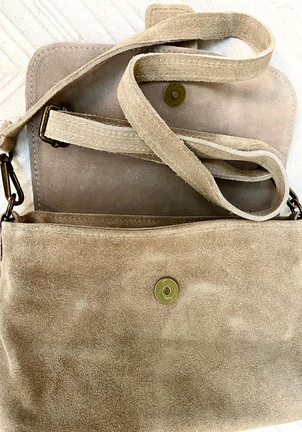 Beige suede bag. Genuine leather small suede purse. Light beige small crossbody / shoulder bag. Adjustable strap, flap + zipper.