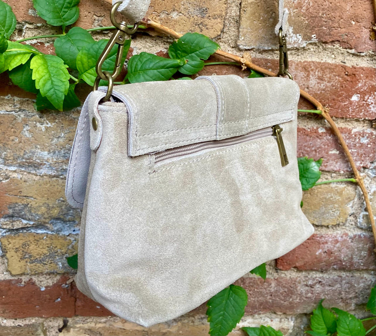 Beige suede bag. Genuine leather small suede purse. Light beige small crossbody / shoulder bag. Adjustable strap, flap + zipper.