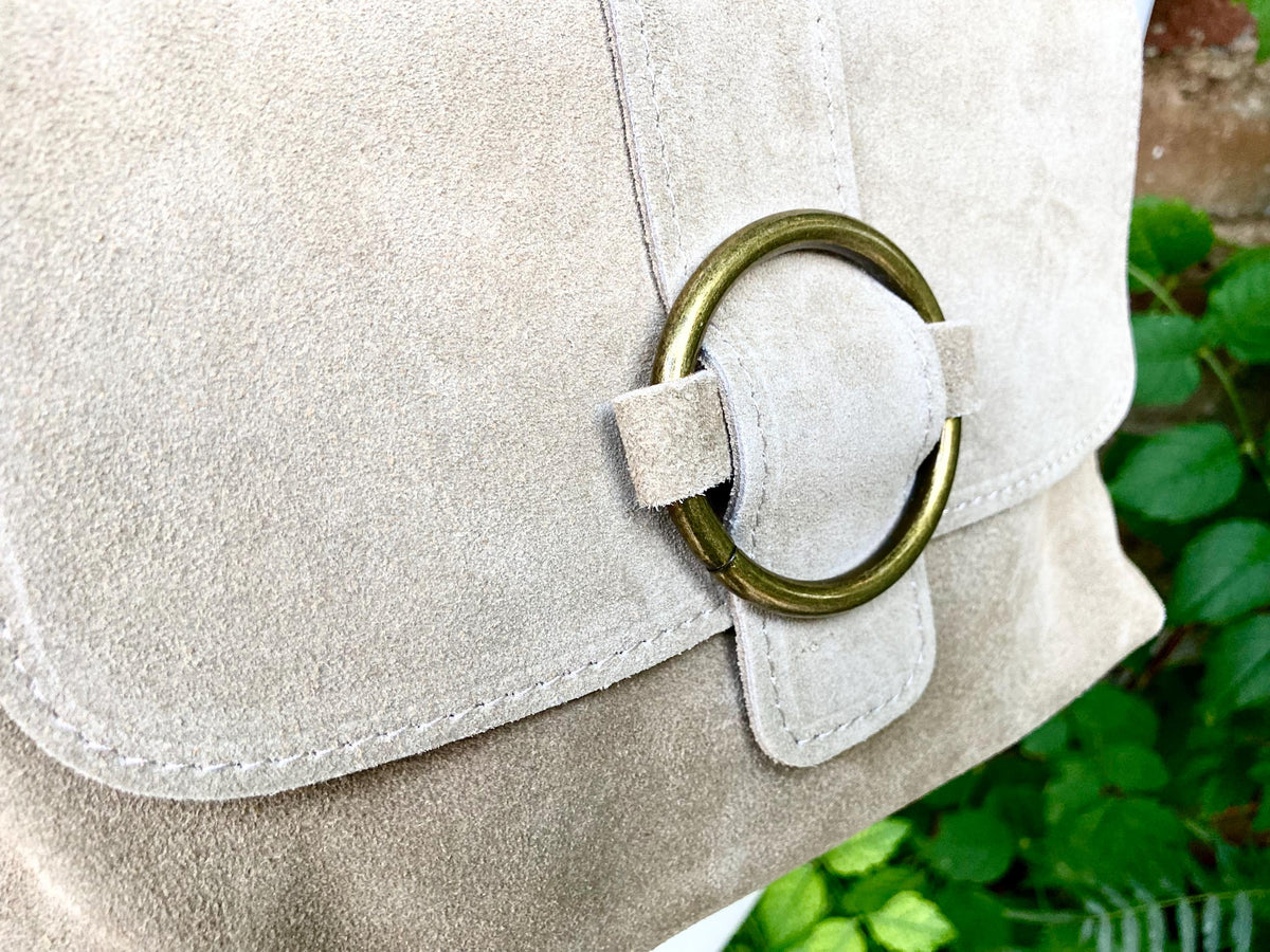 Beige suede bag. Genuine leather small suede purse. Light beige small crossbody / shoulder bag. Adjustable strap, flap + zipper.