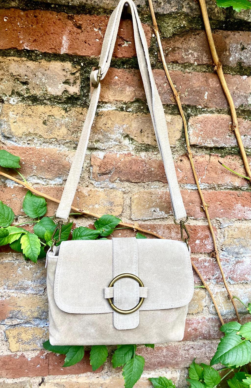 Beige suede bag. Genuine leather small suede purse. Light beige small crossbody / shoulder bag. Adjustable strap, flap + zipper.