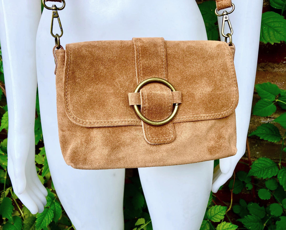 Camel BROWN suede bag.Genuine leather. Tan brown small crossbody / shoulder bag. Adjustable strap, flap + zipper. Caramel brown suede purse.