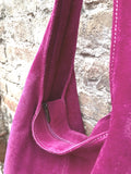 Large TOTE leather bag in hot pink. Bright pink slouch bag in soft suede, genuine leather bag.Fuchsia leather shopper closed with a zipper