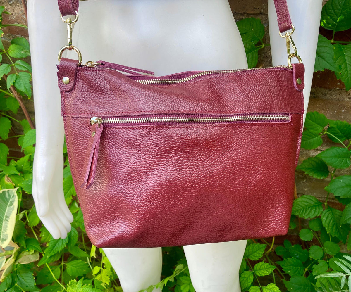 Burgundy leather bag. Genuine leather messenger bag. Wine red crossbody / shoulder bag with zipper and adjustable strap