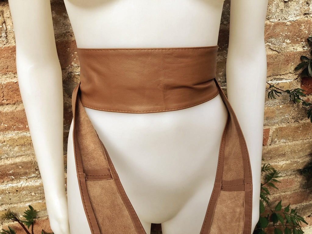 Light CAMEL brown wide obi belt. Wrap belt in soft genuine leather. Wraparound waist belt. Wide style. Light brown boho dress belt