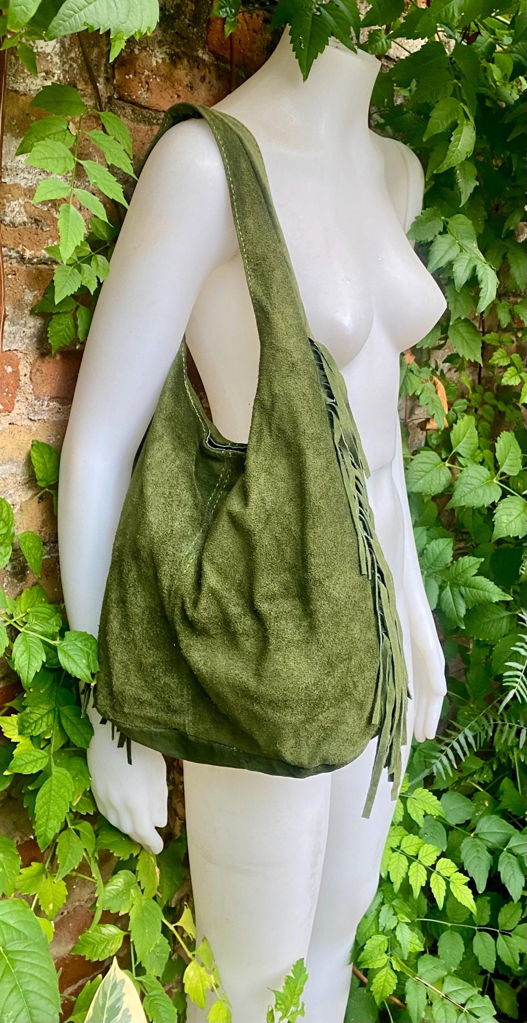 Moss green slouchy bag. Large tote leather bag with zipper + FRINGES. Genuine leather bag. Green boho soft suede leather bag.