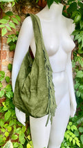 Moss green slouchy bag. Large tote leather bag with zipper + FRINGES. Genuine leather bag. Green boho soft suede leather bag.