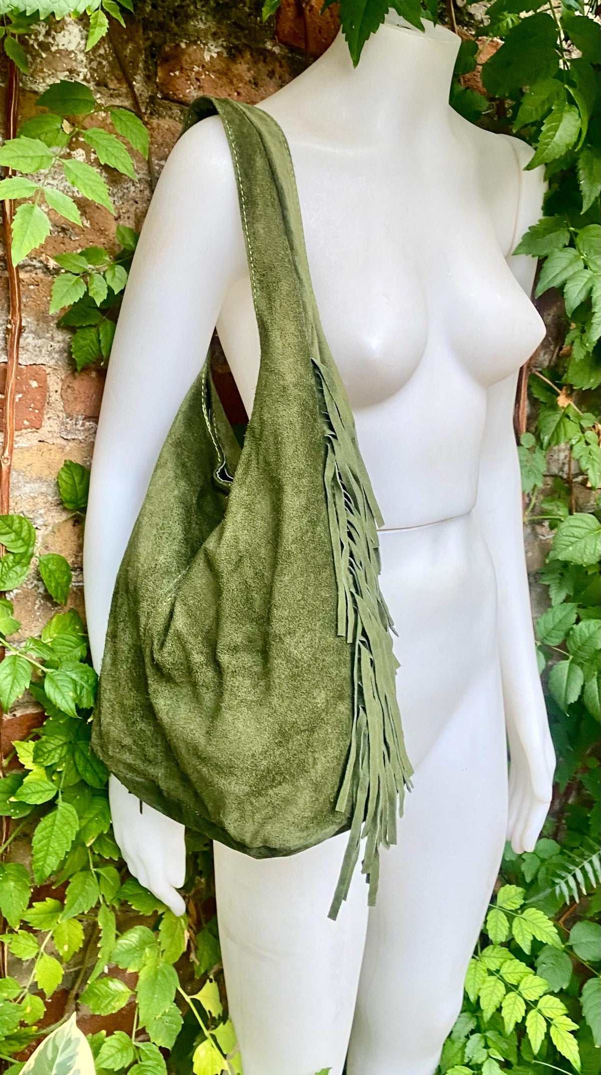 Moss green slouchy bag. Large tote leather bag with zipper + FRINGES. Genuine leather bag. Green boho soft suede leather bag.