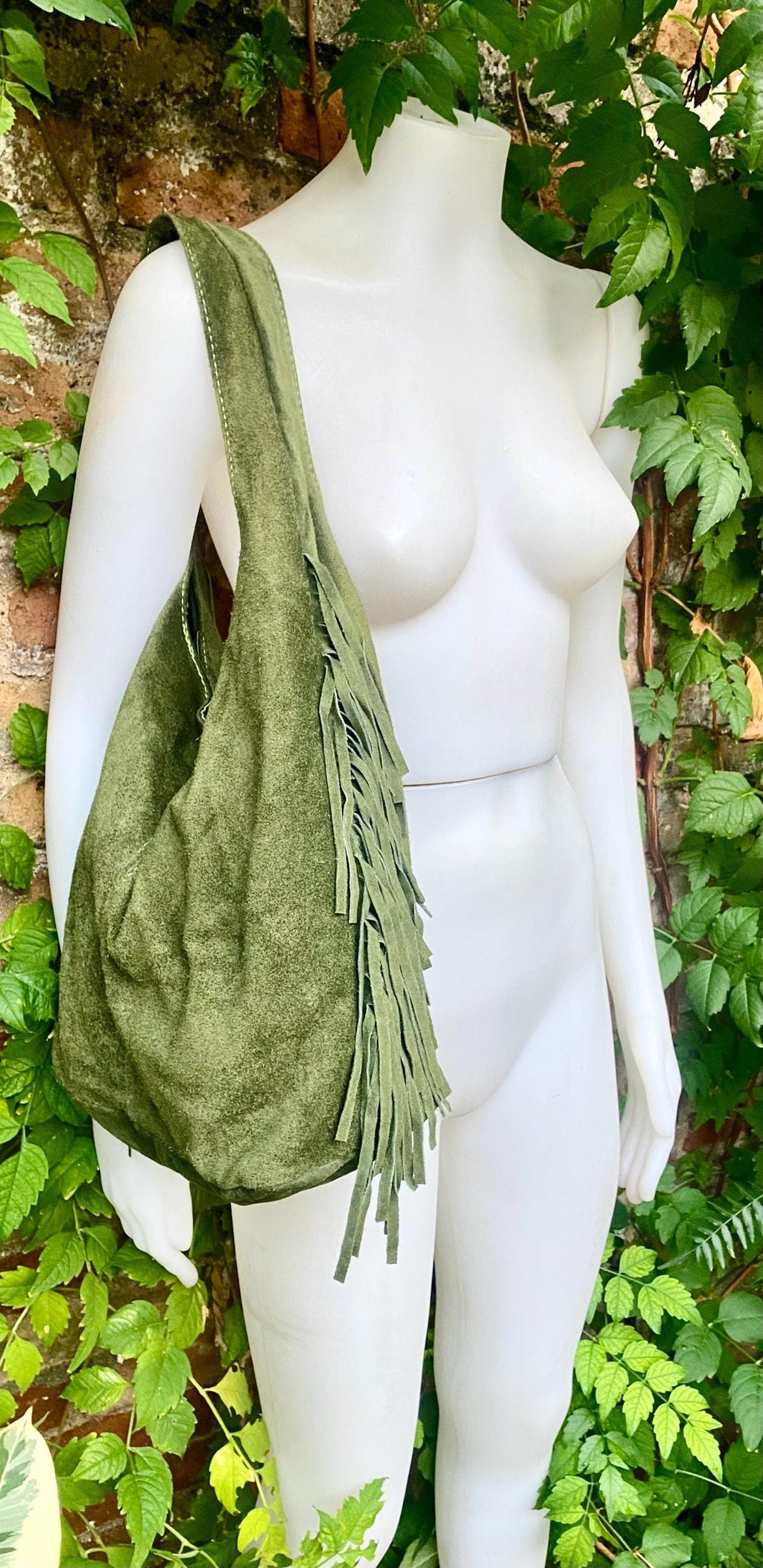 Moss green slouchy bag. Large tote leather bag with zipper + FRINGES. Genuine leather bag. Green boho soft suede leather bag.
