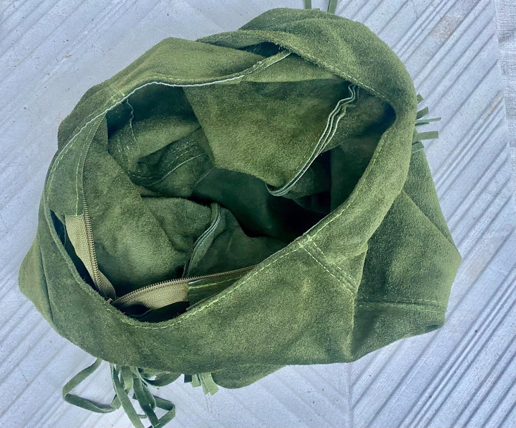 Moss green slouchy bag. Large tote leather bag with zipper + FRINGES. Genuine leather bag. Green boho soft suede leather bag.